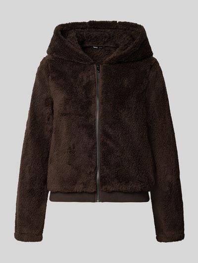 Produktfoto, braune Regular Fit Teddyjacke mit Kapuze Modell 'NEWANNA' von ONLY, kuschelige Textur, Damen Sweatjacke