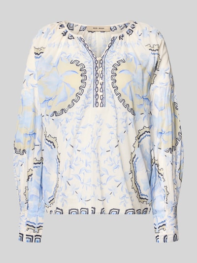 Produktfoto, Relaxed Fit Bluse mit Tunika-Ausschnitt Modell 'Wylde' von MOS MOSH, floraler Print in Hellblau und Creme, reine Baumwolle.