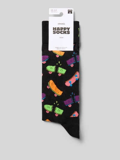 Produktfoto, Socken mit Label-Print von Happy Socks, schwarzer Baumwoll-Mix, bunte Muster, körpernaher Schnitt, gerippter Abschluss, Stretch-Anteil