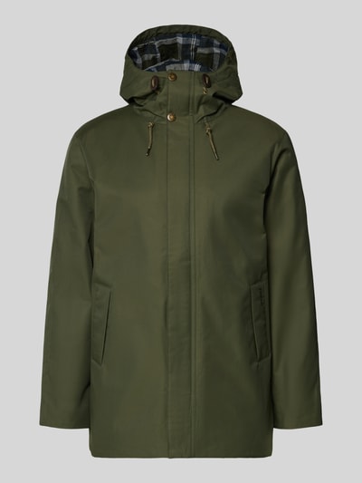 Produktfoto, Regular Fit Parka aus Baumwoll-Mix von Barbour in Unifarben Oliv, Kapuze mit Tunnelzug, Druckknöpfe, wasserabweisend, seitliche Eingrifftaschen, Napoleontasche, Label-Stitching-Applikation, Material: Baumwoll-Mix