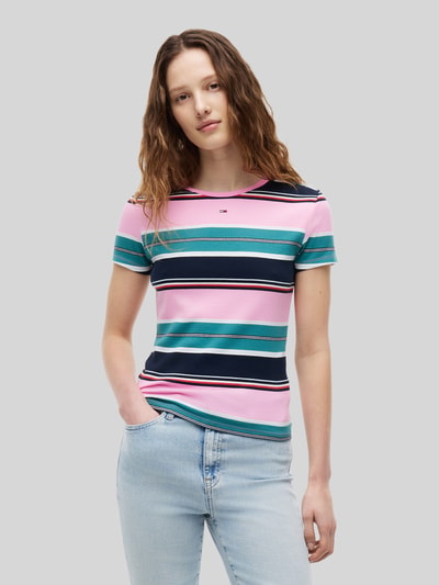 Tommy Jeans slim fit T-shirt van katoenmix in ribtricot Felroze - 4