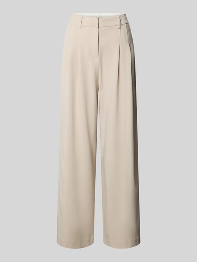 Produktfoto, High Waist Hose mit Viskose-Anteil Modell 'Mirabelle Michelle' von MSCH Copenhagen in Beige, weite Beine, glatte Oberfläche, Hakenverschluss, Eingrifftaschen, Bundweite 37 cm, Innenbeinlänge 82 cm.