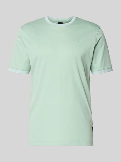 Produktfoto, T-Shirt mit Rundhalsausschnitt von bugatti in hellem Mintgrün, Baumwoll-Mix, Regular Fit, sichtbares Label-Detail.