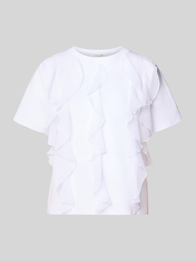 Produktfoto, T-Shirt mit Rüschen und Rundhalsausschnitt von Christian Berg Woman, biała, czysta bawełna, prosty krój, falbanki, długość tyłu w rozmiarze S: 58 cm