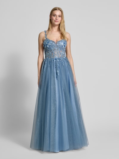 Unique Abendkleid mit Spitzenbesatz Blau 4