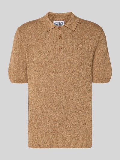 Produktfoto, Regular Fit Poloshirt aus Baumwoll-Leinen-Mix von JAKE*S STUDIO MEN in Strick-Optik, kurzärmelig, gerippte Abschlüsse, braune Farbe