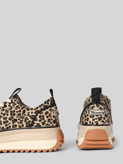 Produktfoto, Low Top Sneaker mit Ajour-Strick Optik von Tamaris in Optik: Unifarben mit floralem Muster, rund, flach, Logo-Prägung, Label-Applikation, Schnürung, strukturierte Sohle