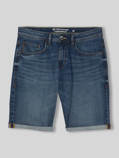 Produktfoto, Regular Fit Jeans Bermudas aus Baumwoll-Mix von Tom Tailor in Denim-Optik, 5-Pocket-Design, Label-Patch, Knopf-Reißverschluss, blaue Farbe, fein strukturierte Oberfläche