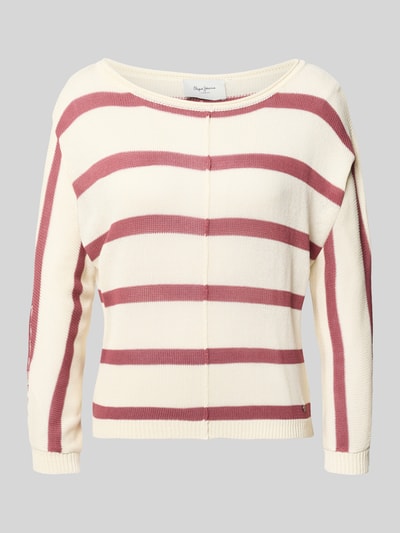 Produktfoto, Boxy Fit Strickpullover aus Viskose-Mix Modell 'ALBERTA' von Pepe Jeans in Creme mit rostroten Streifen, Strickstruktur, gerippte Abschlüsse, U-Boot-Ausschnitt.
