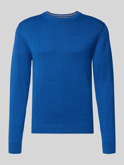 Produktfoto, Regular Fit Strickpullover aus reiner Baumwolle von Tom Tailor in Unifarben Blau mit Crew Neck, gerippten Abschlüssen, Logo-Stitching.