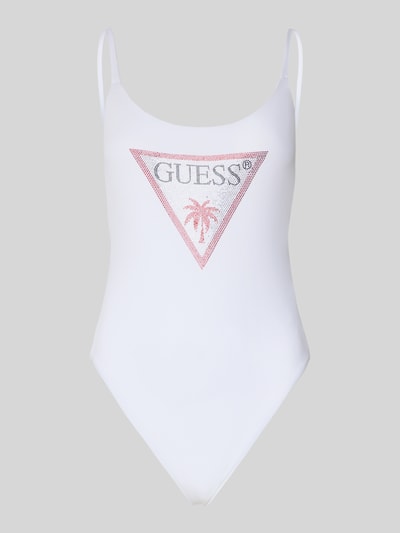 Produktfoto, Slim Fit Badeanzug mit Strasssteinbesatz von Guess in Weiß, Elastischer-Material-Mix, Logo-Detail, verstellbare Spaghettiträger, Rückenausschnitt