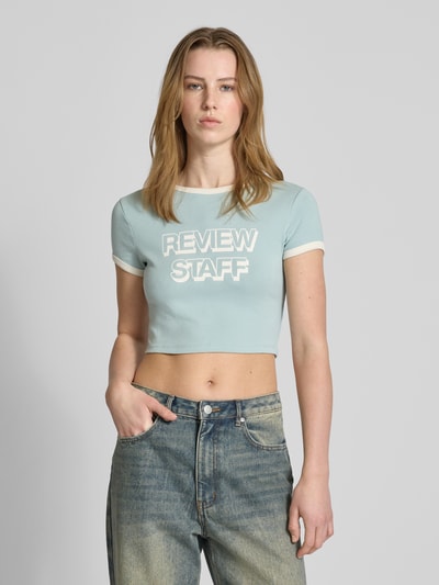 Review Kort T-shirt met labelprint Bleu - 4