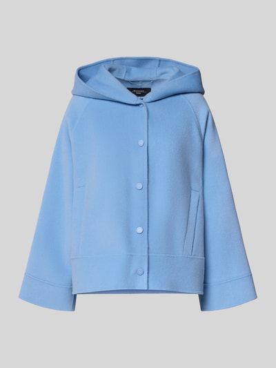 Produktfoto, Boxy Fit Wolljacke mit Kapuze Modell 'OLIATO' von Weekend Max Mara, Optik: unifarben, Schurwoll-Mix, blaue Farbe, Druckknöpfe, Rückenpasse, Raglanärmel, Kimonoärmel, seitliche Eingrifftaschen