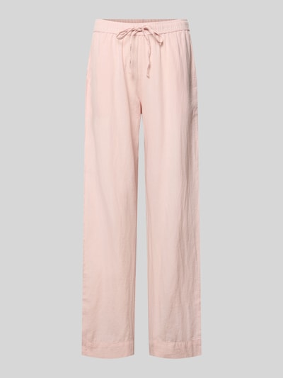 Produktfoto, Stoffhose mit Leinen-Anteil und Eingrifftaschen von Neo Noir in zartem Rosa, ausgestellter Schnitt, Baumwoll-Mix, Modell 'Sonar', elastischer Bund, Bundweite 36 cm und Innenbeinlänge 79 cm bei Größe 36, glatte Struktur, französische Eingrifftaschen