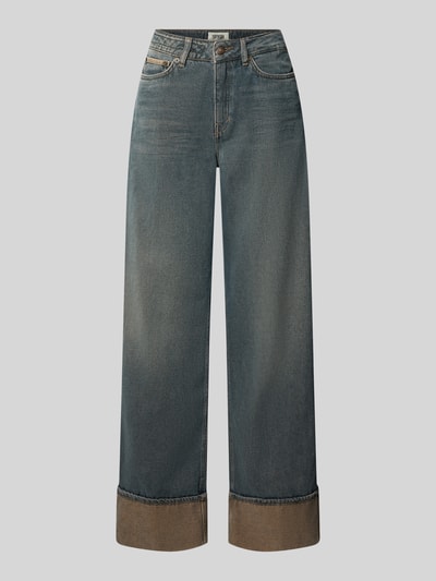 Produktfoto, blaue Straight Fit Jeans aus reiner Baumwolle im 5-Pocket-Design, Knopf und Reißverschluss, Modell 'Medley' von DRYKORN, Damen Jeans, sichtbare Bundweite und Innenbeinlänge gemäß Größe aus Kontext, robuste Textur