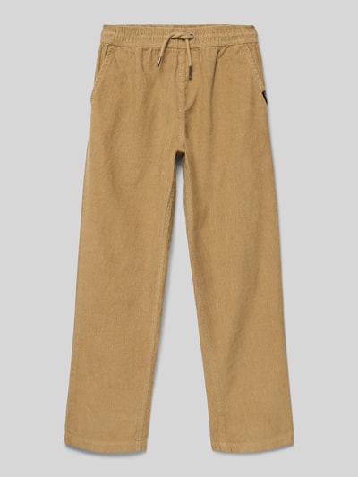 Produktfoto, beżowe spodnie sztruksowe z czystej bawełny, regular fit, elastyczny pas z troczkiem, kieszenie, Cordhose mit elastischem Bund Modell 'TAXER' von Quiksilver, szerokość pasa 32 cm, długość nogawki 61 cm