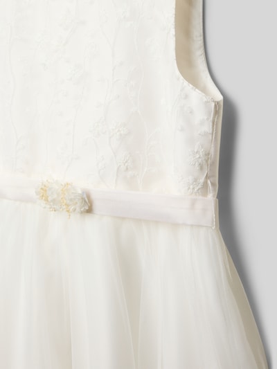 Produktfoto, Regular Fit Kleid mit Spitzenbesatz von Une Hautre Couture, Baumwoll-Mix, floraler Besatz, Zierschleife, creme, feine Textur