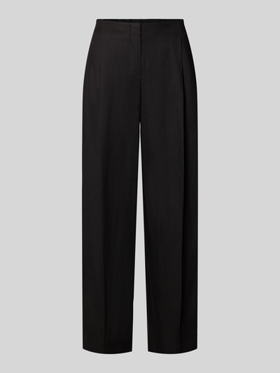 Produktfoto, Wide Fit broek uit viscosemix met linnen van Someday model 'Cisilia', dames, bandplooien, persplooien, zwart, maat 36, bandwijdte 43 cm, binnenbeenlengte 74 cm, haakjes- en ritssluiting, gladde stof, effen, rechte vormen