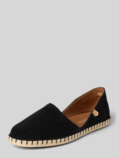 Produktfoto, schwarze Espadrilles aus Leder mit Label-Patch Modell 'CARMEN' von Verbenas, abgerundete Form, strukturierte Sohle, neutrale Farben