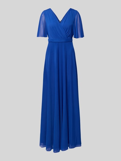 Produktfoto, Abendkleid mit V-Ausschnitt und Schmetterlingsärmeln von Christian Berg Cocktail, blauw chiffon, getailleerde fit, maxi-jurk, wikkel-look, rugsluiting met haak en ritssluiting, lengte 134 cm, borstbreedte 41 cm, mouwlengte 33 cm