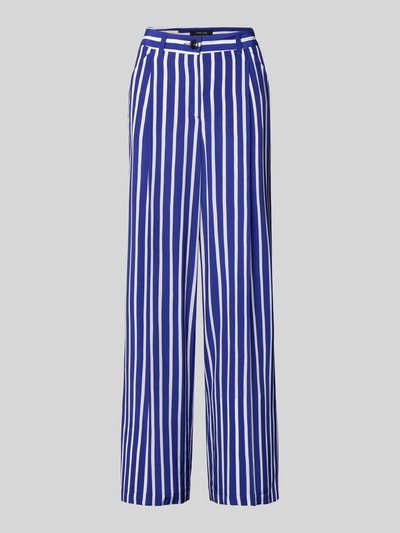Produktfoto, Hose aus Viskose im Allover-Look von Marc Cain, blau-weiß gestreift, weites Bein, Eingrifftaschen, glatte Stoffoberfläche.
