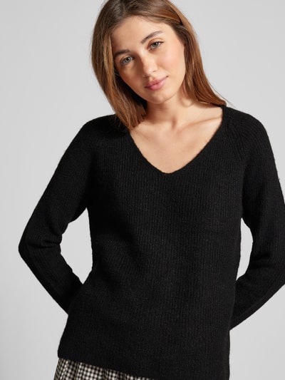 Pieces Regular fit gebreide pullover met V-hals, model 'ELLEN Zwart - 3