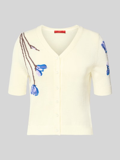Productfoto, Slim Fit Sweatjacke aus Baumwoll-Mix Model 'RANCH' van MAX&Co., gebreide look, bloemenmotief, katoenmix, v-hals, knoopsluiting, geribde boorden, korte mouwen, intarsia applicatie