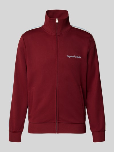 Produktfoto, Sweatjacke mit Stehkragen Modell 'COTEDAZUR' von Jack & Jones in Bordeauxrot, Slim Fit, Label-Stitching, Reißverschluss, glatte Textur