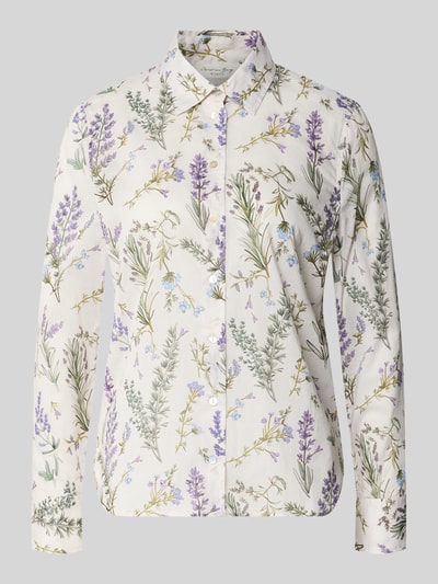 Produktfoto, Regular Fit Hemdbluse mit floralem Allover-Print von Christian Berg Woman aus reiner Baumwolle, Hemdblusenkragen, langärmelig, Sportmanschetten, florales Muster in zarten Lilatönen und Grüntönen auf hellem Grund