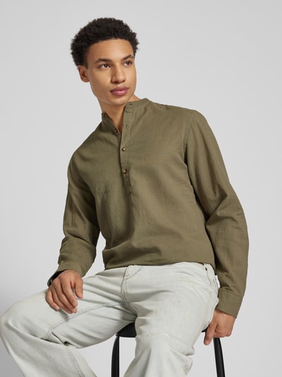 Jack & Jones Regular Fit Leinenhemd mit Stehkragen Oliv 3