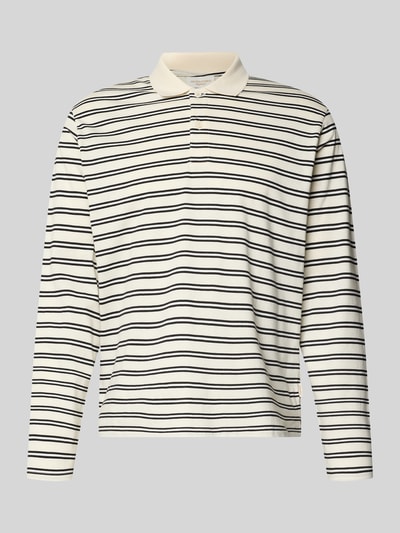 Produktfoto, Regular Fit Poloshirt mit Streifenmuster Modell 'CASSIS' van Jack & Jones, katoen, longsleeve, knoopsluiting, ruglengte maat M 66 cm, crème met zwarte strepen, zachte textuur