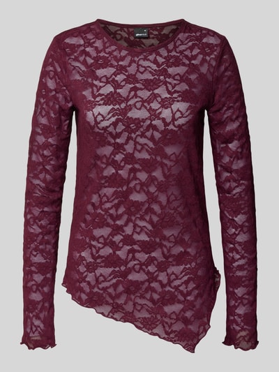 Produktfoto, Longsleeve aus Spitze von Gina Tricot in Bordeaux, Material-Mix mit Stretch-Anteil, Körpernaher-Schnitt, Rundhalsausschnitt, Rückenlänge Größe S: 52 cm, transparenter floraler Struktur.