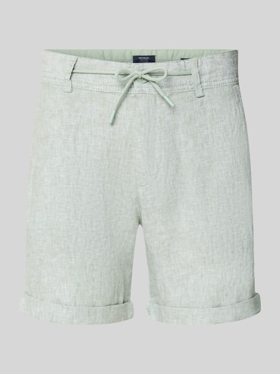 Produktfoto, Leinenshorts mit Bindegürtel und Gesäßtaschen von MCNEAL, len, krój straight fit, wiązany pasek, wpuszczane kieszenie, podwijana nogawka, kieszeń z tyłu, wyhaftowane logo, kolor jasnoszary, szerokość w rozmiarze M: 45 cm, długość wewnętrzna nogawki w rozmiarze M: 16 cm