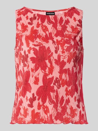 Produktfoto, Regular Fit Tank Top mit Allover-Muster Modell 'FLORA' von Pieces, florales Muster in Rot und Rosa, Plissee-Struktur, Rundhals, breite Träger, Damen, Optik:Allover-Muster, Materialverarbeitung: Plissee.