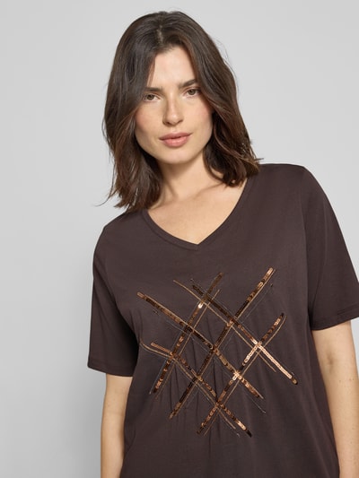Milano Italy T-shirt z cekinami i dekoltem w serek Czekoladowy 3