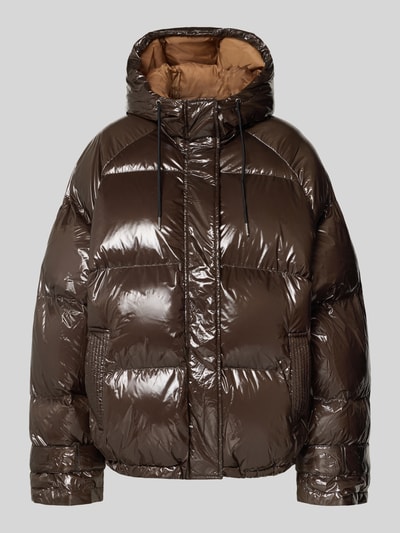 Produktfoto, Regular Fit Stepp-Jacke in glänzender Optik Modell 'Shelby' von LOLLYS LAUNDRY, brauner Ton, große Steppnähte, Kapuze mit Tunnelzug, glatte Oberfläche, Damen Stepp-Jacke