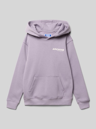 Produktfoto, Hoodie aus Baumwoll-Mix Modell 'COMINERAL' von Jack & Jones in Flieder mit Label-Print, Känguru-Tasche und elastischen Abschlüssen.
