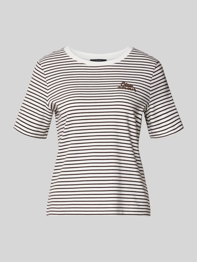 Produktfoto, T-Shirt mit Stitching von Oui, Damen T-Shirt aus Reine Baumwolle, Regular-Fit, Rundhalsausschnitt, Rückenlänge 55 cm, Größe 36, weiß mit schwarzen Streifen