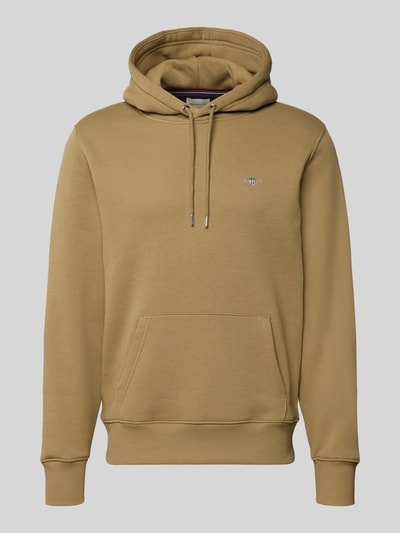 Produktfoto, Regular Fit Hoodie aus Baumwoll-Mix von GANT für Herren in Beige mit Kängurutasche und dezenter Logo-Stickerei, glatte Textur