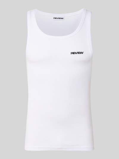 Produktfoto, białe Tanktop in Ripp-Optik mit Logo von REVIEW z czystej bawełny, krój slim fit, okrągły dekolt, długość tyłu 67 cm w rozmiarze M
