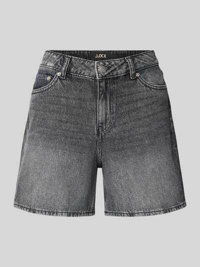 Produktfoto, Shorts in Denim-Optik Modell 'Seville' von JJXX, Reine Baumwolle, 5-Pocket-Design, Knopf- und Reißverschluss, leicht ausgestellte Passform, graue Struktur und Waschung, Bundweite bei Größe S: 39 cm, Innenbeinlänge: 13 cm.