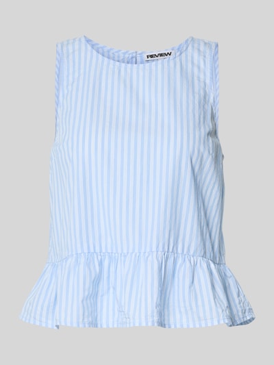 Produktfoto, Popeline Top mit rückseitigem Schlüsselloch-Ausschnitt von REVIEW, Reine Baumwolle, Gerader-Schnitt, Rundhalsausschnitt, Schößchendetail, blau-weiß gestreifte Struktur
