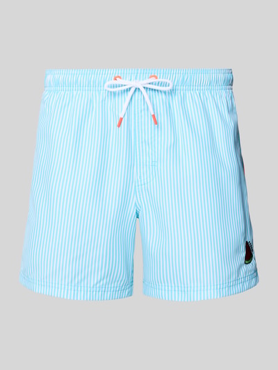 Produktfoto, Badehose mit Motiv-Stitching und Gesäßtasche von Sundek, blau-weiß gestreift, elastischer Bund, Kordelzug, Eingrifftaschen, Label-Patch