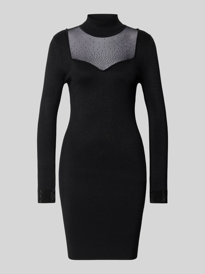 Produktfoto, Slim Fit Kleid aus Viskose-Mix mit Ziersteinbesatz Modell 'Lucy' von Guess, langärmelig, Stehkragen, semitransparentes Detail, schwarze Farbe, glatte Struktur, Rückenlänge 93 cm, Brustweite 34 cm, Ärmellänge 63 cm.
