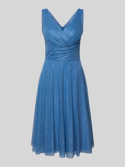 Produktfoto, Knielanges Cocktailkleid mit V-Ausschnitt von TROYDEN COLLECTION aus Chiffon in Blau mit Taillierter Schnitt, Breite Träger, Rückseitiger V-Ausschnitt, Rückenreißverschluss, Rückenlänge 85 cm, Brustweite 43 cm bei Größe 36, feine Glitzertextur