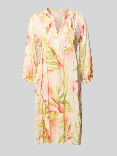 Produktfoto, knielang dames tuniekjurk met V-hals model 'Ma44gali' van ZABAIONE, zuiver viscose, recht model, all-over look, 3/4-mouw, pastelkleuren, maat S ruglengte 91 cm, borstwijdte 46 cm, mouwlengte 47 cm, zachte textuur
