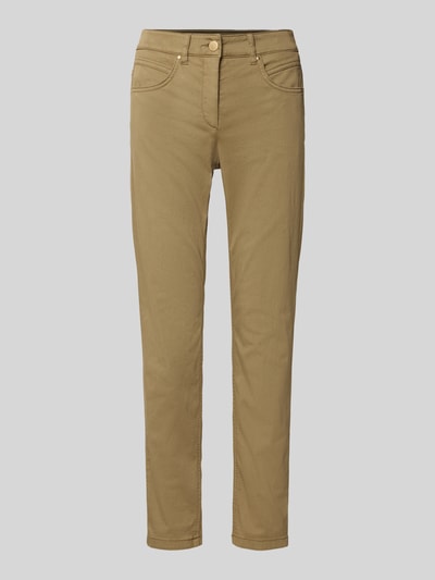 Produktfoto, Slim Fit Hose in verkürzter Passform von Luisa Cerano aus elastischem Baumwoll-Mix in Beige mit Eingriff- und Gesäßtaschen, Knopf- und Reißverschluss, Bundweite 36 cm, Innenbeinlänge 71 cm