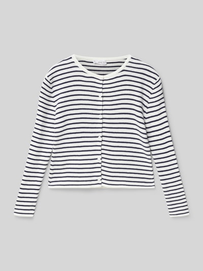 Produktfoto, Regular Fit Cardigan in Strick-Optik Modell 'Lea' von Mango aus Baumwoll-Mix, navy-weiß gestreift, langärmelig, durchgehende Knopfleiste, Rundhalsausschnitt, Rückenlänge 38 cm und Ärmellänge 40 cm bei Größe 140
