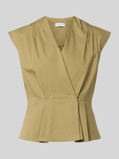 Produktfoto, Regular Fit Bluse mit gelegten Falten Modell 'Bazar' von Marella, mieszanka bawełny, krój regular fit, krój bez rękawów, dekolt w serek, kopertowy styl, marszczenia, długość tyłu w rozmiarze 36: 55 cm, kolor oliwkowy, gładka tekstura