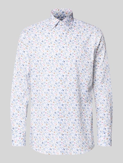 Produktfoto, Regular Fit Businesshemd aus Baumwolle mit Kentkragen von OLYMP, weißes Hemd mit buntem Blumenmuster, Knopfleiste, reine Baumwolle, Rückenlänge 80 cm, Schulterbreite 47 cm, Ärmellänge 65 cm